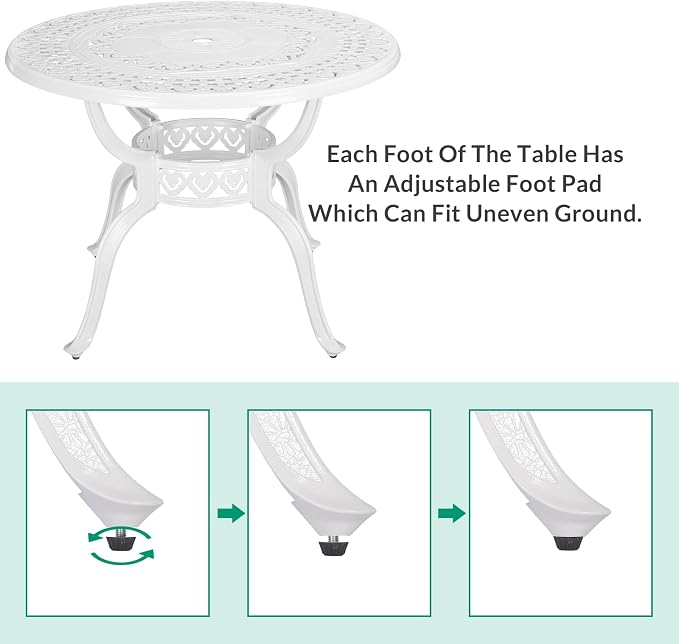 VIVIJASON 38.5" Patio Bistro Table Outdoor Dining Round Table White Cast Aluminum Table with Umbrella Hole