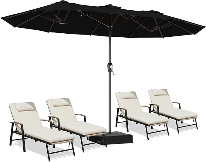 AreShark 15ft Patio Umbrella with Base, Double Sided Outdoor Umbrella with 12 Fiberglass Ribs, Large Outdoor Umbrella for Garden, Pool, Deck, Backyard & Market, Black