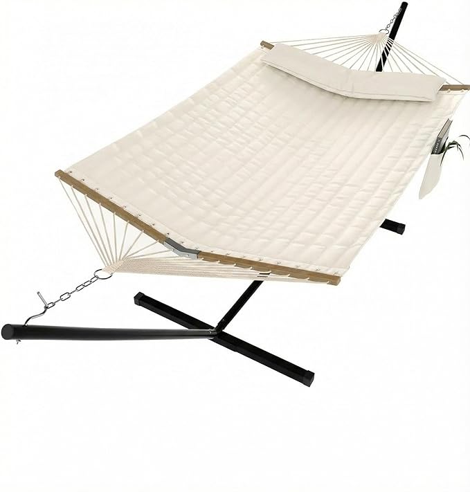 2 Person Hammock with Stand, Foldable Steel Frame Heavy Duty 450lb Capacity, Portable Polyester Fabric Hammocks for Backyard Patio Camping, Carrying Bag and Side Pocket Included