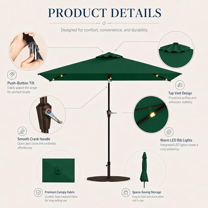 6.5 x 10ft Rectangular Patio Umbrella with Solar Lights, 16 LED Lighted Market Umbrella with Push-Button Tilt and Crank, 6 Sturdy Iron Ribs for Garden, Deck, Pool, Forest Green