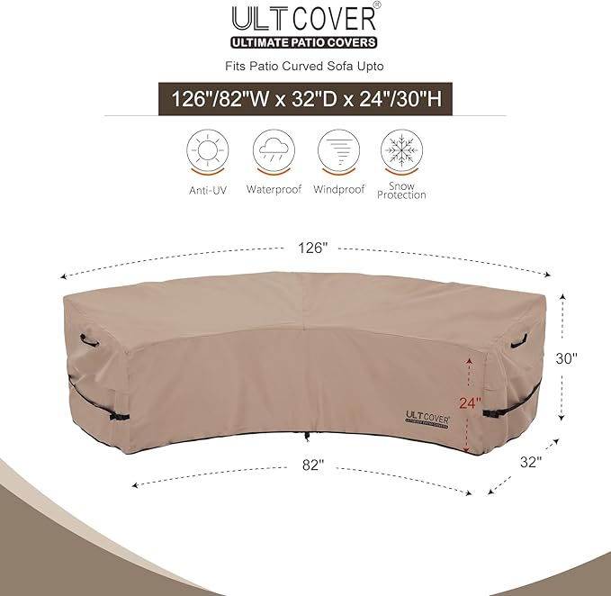 ULTCOVER Waterproof Patio Curved Sofa Sectional Cover for 3-4 Seaters Outdoor Furniture Couch 126"(Back Arc Length) x 82"(Front Arc Length)