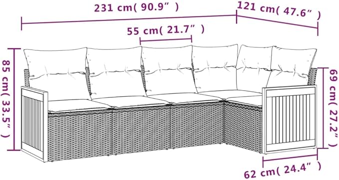 5 Piece Patio Sofa Set with Cushions, Sectional Sofa Garden Lounge Set Patio Conversation Set Outdoor Sofa Sets for Exhibition Poolside Garden Piazza Black Poly Rattan