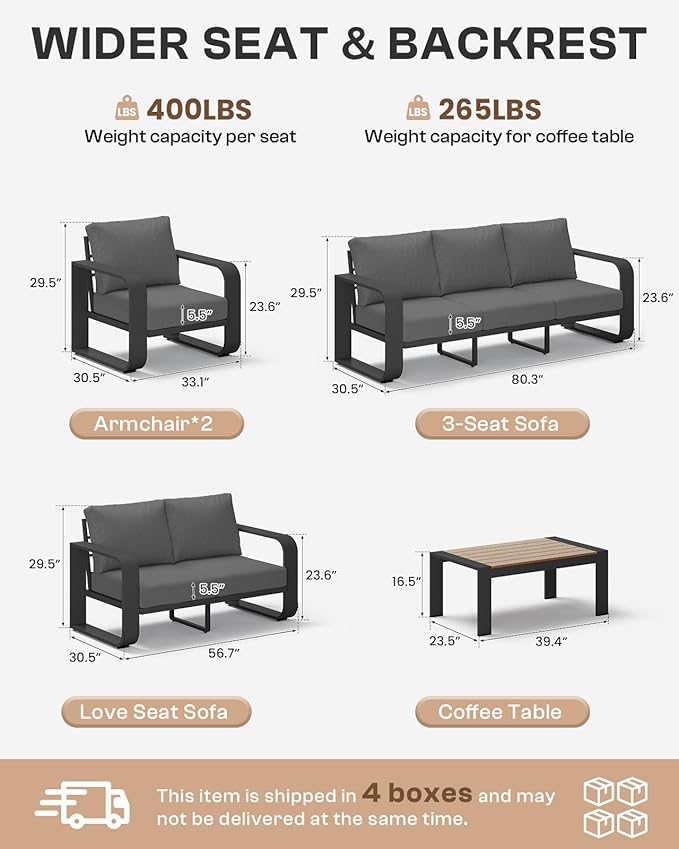 Aluminum Outdoor Patio Couch, 3 Seats Oversized Patio Sofa with Widened Armrest & Ultra-Thick Cushions, Deep Seating Modern Patio Furniture for Backyard, Deck, Graphite