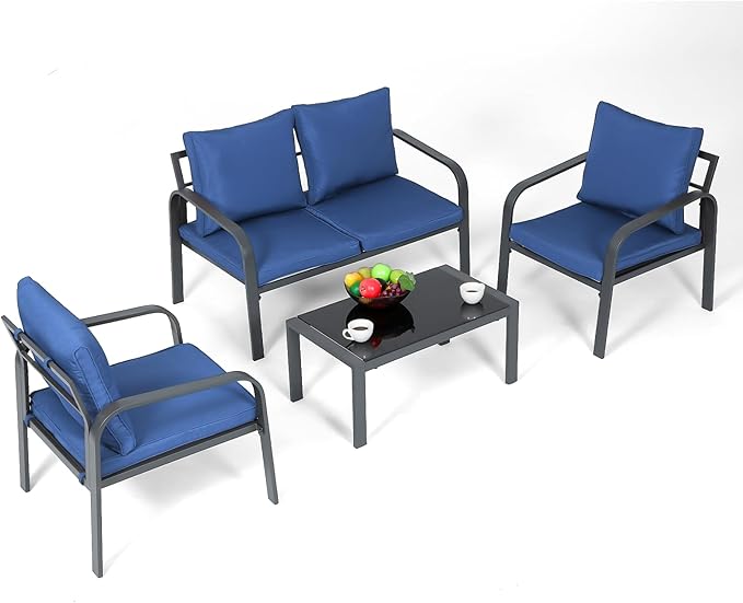 Athena Collection Patio Furniture Set 4 Pieces Outdoor Conversation Sets with Coffee Table & Cushions, All Weather Bistro Chairs Set for Balcony, Lawn, Garden, Poolside, Blue