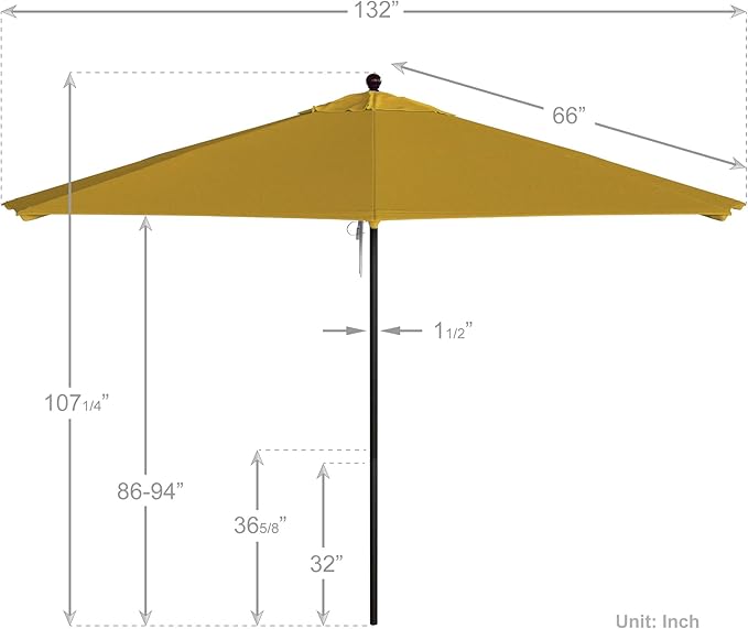 California Umbrella 11Ft Commercial Grade Sunbrella Fabric Market Umbrella, Pulley Lift, Aluminum/Fiberglass, 2mm pole wall, Bronze Frame, Sunflower Yellow Fabric