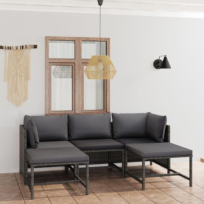 5-Piece Modular Outdoor Furniture Set, Grey PE Rattan Corner Sectional Sofa w/ 2 Ottomans, 23.6" Square Pieces, Powder-Coated Steel Frame for Patio, Balcony, Garden & Porch
