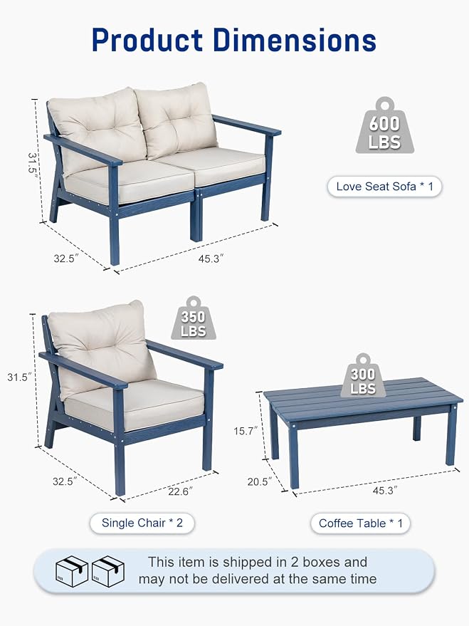 HDPE Patio Conversation Set 4 Seats, Outdoor Furniture Set, Patio Sofa Set | Water-Resistant Thick Cushion, HDPE All Weather, Wood-Grain, No Rot or Rust or Crack, UV Fade Shield, Easy-Clean for Outside