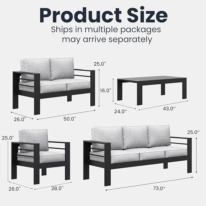 5 Pieces Modern Aluminum Patio Furniture Set, Outdoor Conversation Sets Metal Sectional Sofa with Coffee Table