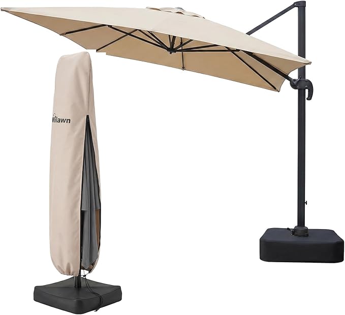 Olilawn 9' X 12' Patio Umbrella with Base Included & OLILAWN 600D Waterproof Umbrella Cover, Large Outdoor Cantilever Offset Patio Umbrellas Rectangular Aluminum Umbrella with 360-degree Rotation & Infinite Tilt Adjustment for Backyard Hosting, Poolsid...