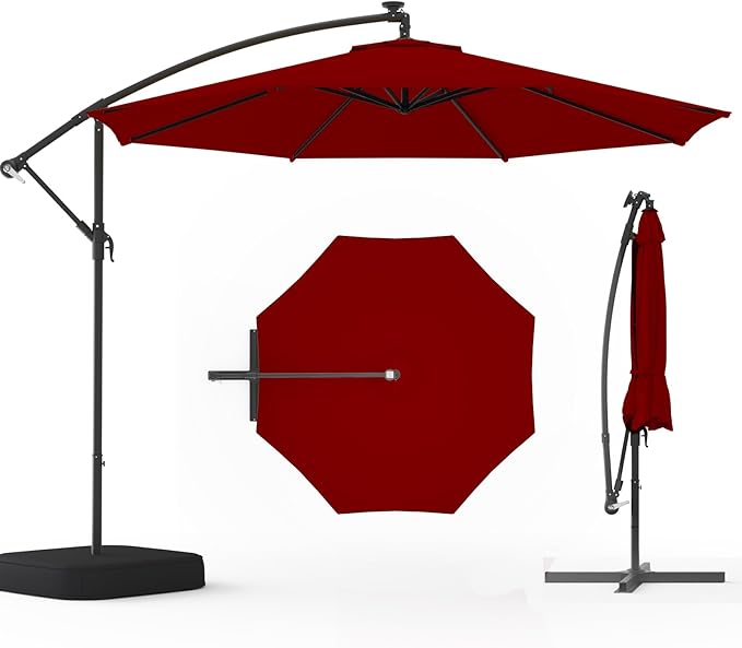 EROMMY 10FT Patio Umbrella with Base Included, Outdoor Offset Cantilever Umbrella, Infinite Tilt, Crank and Cross Base, UV Protection for Backyard, Lawn, Garden & Pool