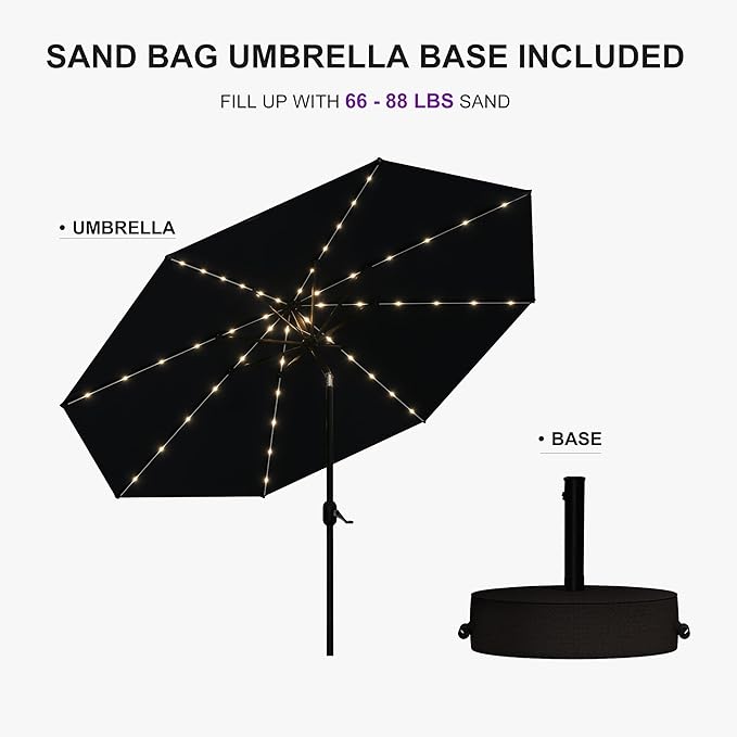 PURPLE LEAF 10' Round Patio Umbrella with Solar LED Outdoor Table Umbrella Aluminum Frame Market Umbrella with 8 Sturdy Ribs & Tilt for Garden Deck Lawn Pool Navy Blue