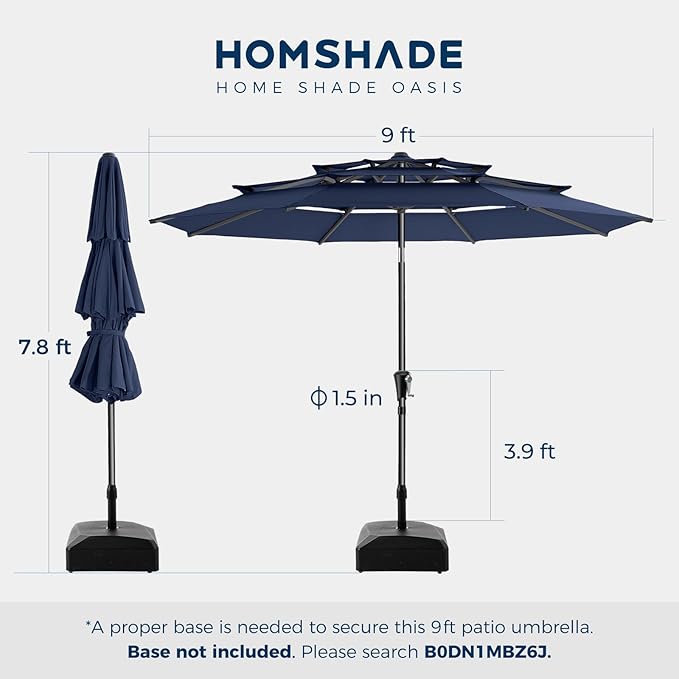 HOMSHADE 9FT 3-Tiers Outdoor Patio Umbrella with 5-Year Fade Resistant,Vented Outdoor Commercial Market Umbrella with UPF50+ UV Protection & Push Button Tilt and Crank for Pool,Backyard(Navy Blue)