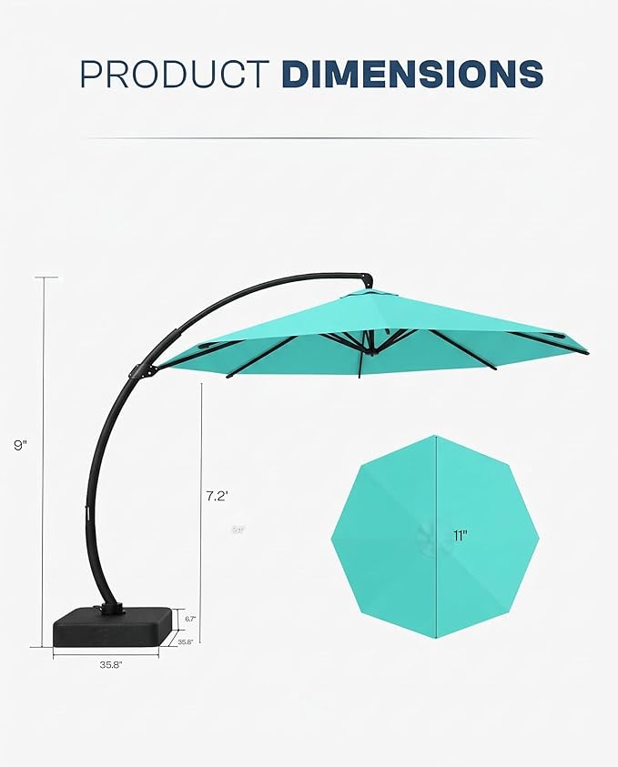 11 FT Cantilever Umbrella with Base Included, Large Round 360° Rotation Offset Umbrella Outdoor Patio, Heavy Duty Aluminum Frame, Sand-Weighted Stand, for Deck, Backyard, Pool, Garden (Turquoise Blue)