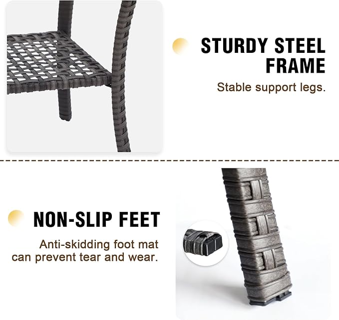 EAGLE PEAK Rustic Veranda Outdoor Wicker Side Table with Lower Storage, Rattan Coffee Table with Tempered Glass Top, Stonewash Gray