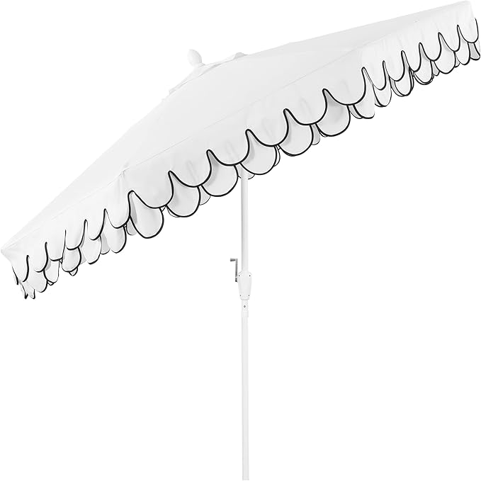 JONATHAN Y Tracy 9 ft. Outdoor Patio Umbrella with Scalloped Edge, Coastal Market Table Umbrella with Crank Lift and Tilt, 8 Sturdy Ribs UV Resistant for Pool, White, White Pole UMB1002D