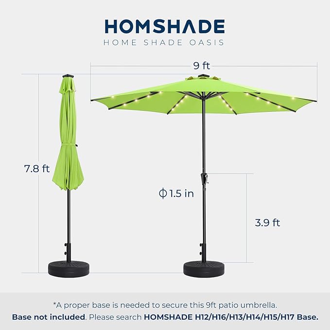 HOMSHADE 9ft Solar Patio Umbrella - Solar Lights LED Lighted Outdoor Market Table Umbrella, UPF50+ UV Protection with Push Button Tilt, Crank for Pool Deck and Garden (Apple Green)