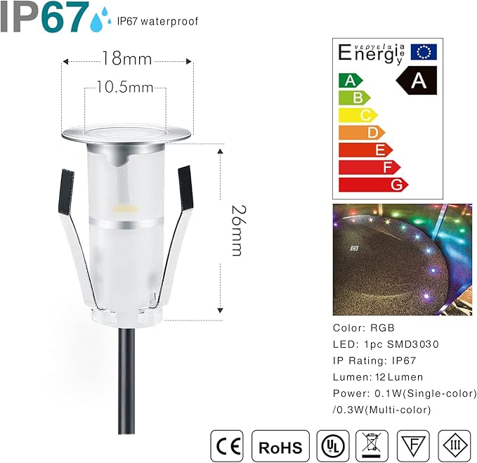 LED Deck Lights Multi-Color RGB Waterproof Recessed Wood Decking 0.7" Tiny Deck Driveway Light Dock Path Step Road Light Outdoor and Indoor Decoration Security Lighting (RGB, 10pcs)