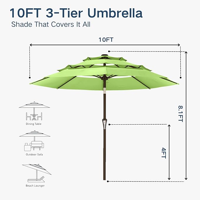 10FT Patio Umbrella 3 Tiers Outdoor Market Umbrella w/Push Button Tilt, Crank, UV and Waterproof Table Umbrella for Garden, Pool, Backyard, Deck, Lawn, Apple Green