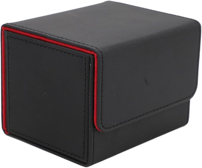 PU Leather Card Deck Box with Magnetic Flap Lid, Large Capacity Card Storage Box/Cover for Tarot Cards and Game Cards, Protective Deck Holds 100, Black (Black Red)