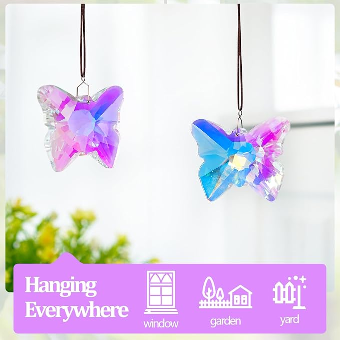 2 Pcs Crystal Butterfly Suncatcher Rainbow Maker Window Decor | 2.7 Inch Crystal Butterfly Sun Catchers Prisms Rainbow Maker Hanging Pendants for Window Garden Home Indoor Wedding Decor