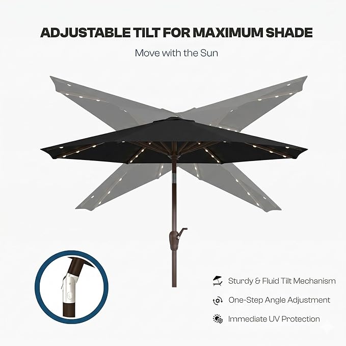 10FT Solar Patio Umbrella with Lights, Outdoor Table Market Umbrella with 32 LED Lights, 8 Sturdy Ribs, Push Button Tilt and Crank for Pool, Deck and Garden, UV-Resistant