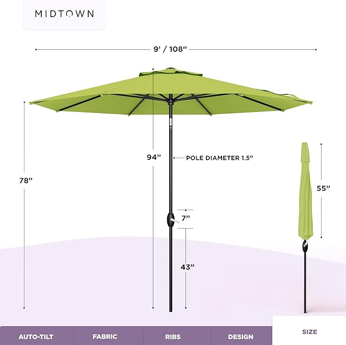 Midtown Umbrellas – The Lean 9 Ft Patio Umbrella with 10-Year-No-Fade Acrylast Acrylic Fabric, Auto-Tilt and 8 Reinforced Ribs for Deck, Pool, Garden, Hotel & Cafes – Green Tropic Canopy, Black Pole