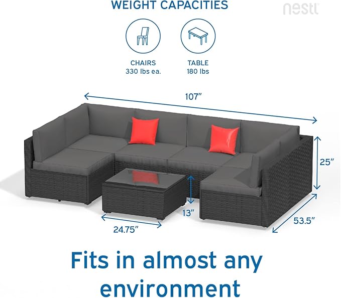 Nestl Outdoor Patio Furniture Sectional, Black Base/Charcoal Grey Cushions