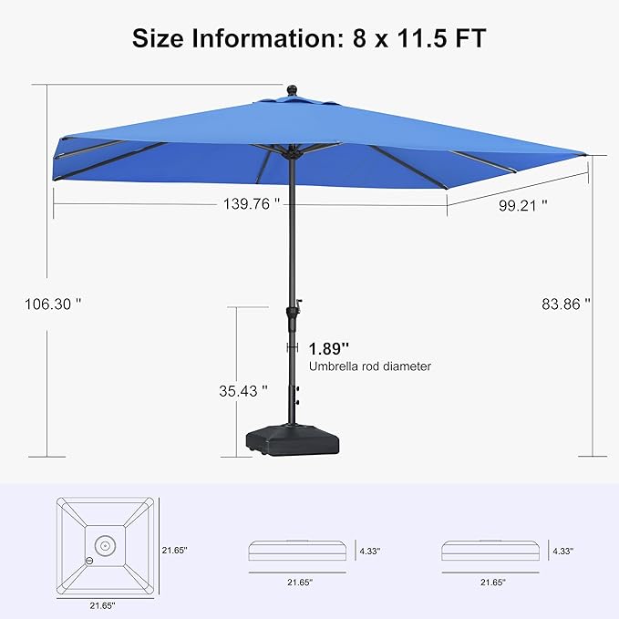 PURPLE LEAF 11.5' x 8' Rectangle Patio Market Umbrella with Base Outdoor Table Umbrellas Aluminum Frame Sun Shade with 8 Sturdy Ribs for Garden Deck Lawn Pool Sky Blue