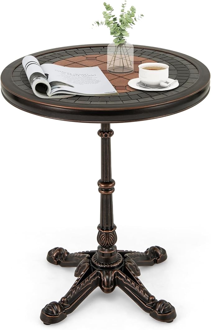 HAPPYGRILL 24” Patio Side Table, Outdoor Cast Aluminum End Table w/Painted Tabletop & Cross-Shaped Base, Mid Century Coffee Table Decorative Accent Table for Living Room Backyard Garden