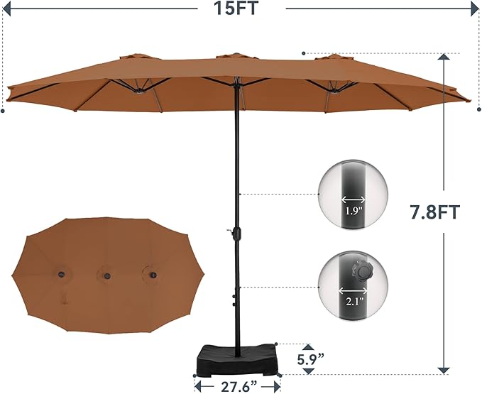 GREEN PARTY 15 ft Rectangular Patio Umbrella with Base Included, Large Double-Sided Outdoor Table Umbrella with Crank, 1.9" Pole UPF 50+ UV Resistant for Pool Deck Backyard Garden, Tawny