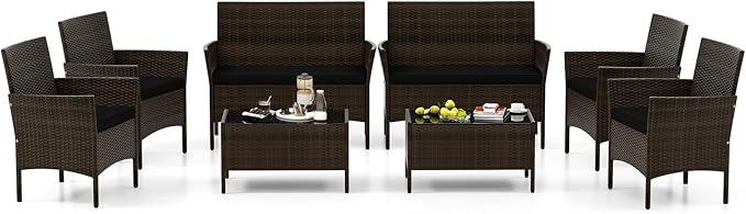 4 Piece Patio Furniture Set, Sectional Conversation Sofa Set with Glass Coffee Table, Cushions & Loveseat, Wicker Outdoor Table and Chairs for Pool, Garden, Deck, Backyard (2, Black)