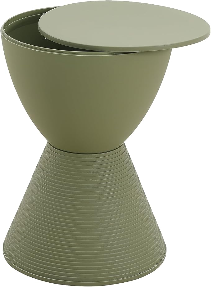 LeisureMod Modern Hourglass Side Table - ABS Shell Drum End Table with Storage for Indoor & Outdoor Use, Olive Green