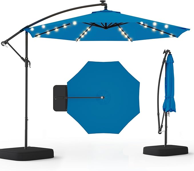 10FT 40-LED Solar Lighted Patio Umbrella with Base Included, Outdoor Offset Cantilever Umbrella, Infinite Tilt, UV Protection for Backyard, Lawn, Garden & Pool