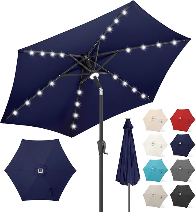 FLAME&SHADE 10ft Solar Outdoor Umbrella - 24 LED Lighted Patio Umbrella with Centre Surround Light, Table Umbrellas with Tilt & Crank for Pool, Porch, Garden, Deck, Backyard UV Protection (Navy Blue)