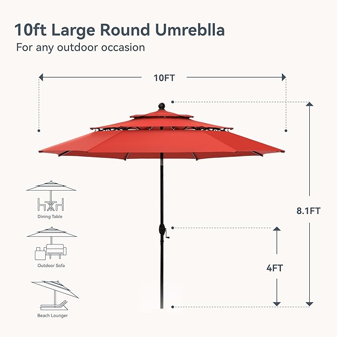GREEN PARTY 10ft Outdoor Patio Umbrella, [Auto-Tilting] 3 Tiers Market Table Umbrellas with 1.5" Pole, 8 Sturdy Ribs, 3-Year-Non-Fading for Garden Deck Pool Backyard, Orange Red