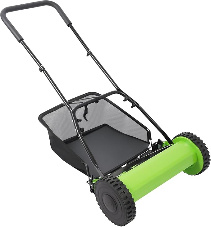 16 in Push Reel Lawn Mower, Cordless Manual Reel Lawn Mower with 0.67-1.3 in Adjustable Mowing Height 5-Blade Walk-Behind Steel Lawn Mower with Large Capacity Grass Bag for Green Lawns