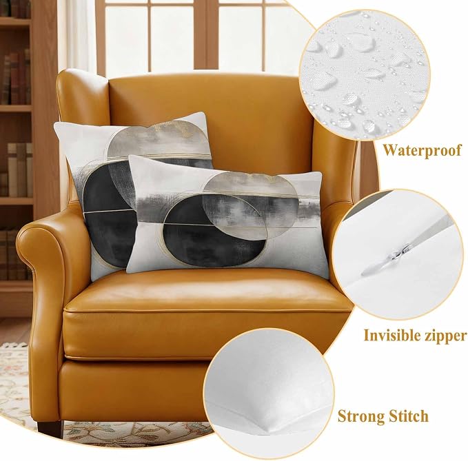 Abstract Art Outdoor Waterproof Throw Pillow Covers Set of 2, 20"x12", Mottled Geometric Moon Black Gold Circle Striped Decorative Pillow Covers Outside Cushion Case for Patio Porch Garden