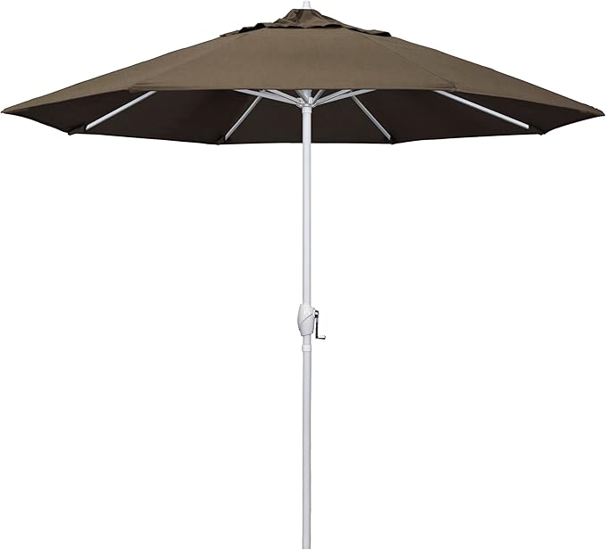 California Umbrella 12-Year Protection 9' Rd Aluminum Patio Umbrella, Crank Lift, Auto Tilt, White Finish, Sunbrella Taupe