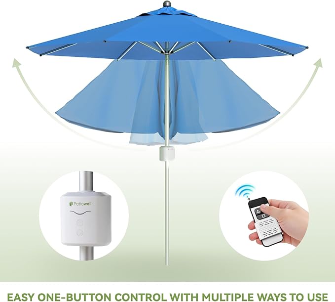 Patiowell 9 FT Motorized Patio Umbrella with Base Included, Outdoor Umbrella with Base, Detachable Power Bank Hands-Free Automation, Aluminum Frame for Backyard, Poolside, Outdoor Dining, Blue