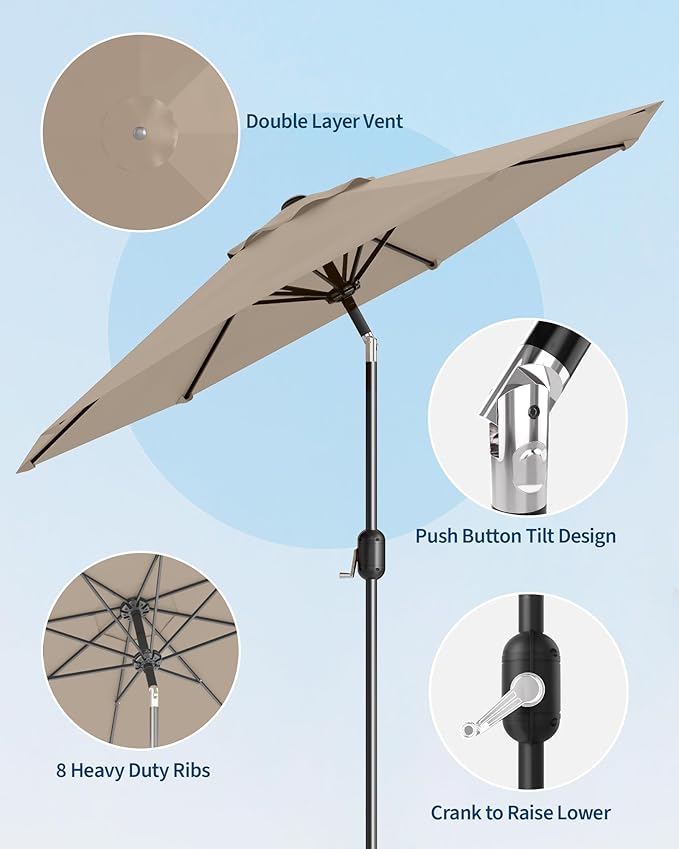 GarveeLife Outdoor Patio Umbrella, Table Market Umbrella with Push Button Tilt and Crank, 8 Sturdy Ribs UV Protection Waterproof for Garden, Deck, Backyard, Pool