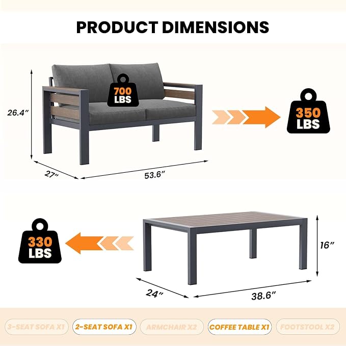 DoCred Aluminum Loveseat Sofa with Coffee Table for Patio Furniture Set | Patio Conversation Set Outdoor Sofa Set for Porch, Balcony, Deck, Yard, Poolside