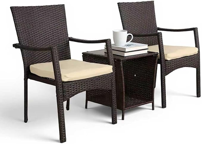 3-Piece Outdoor Patio Set, PE Wicker Patio Furniture Set, with Easy-to-Clean Removable Cushions and Glass Table, Garden Leisure and Entertainment Chat Set (Brown)