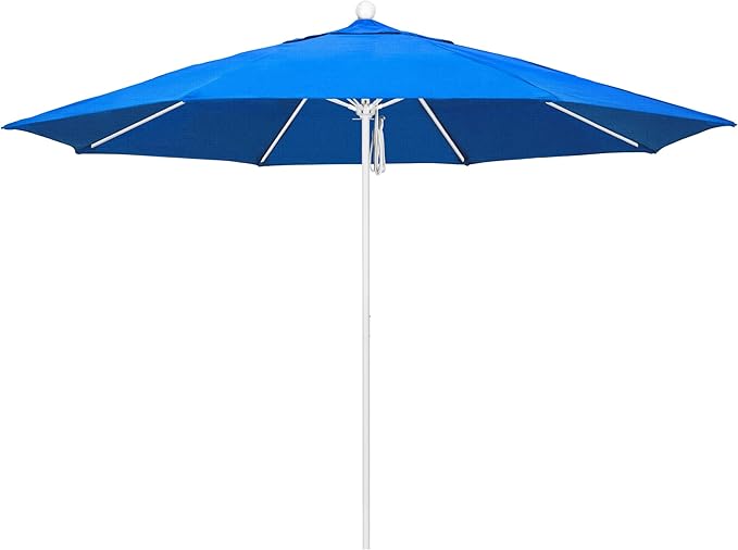 California Umbrella 11Ft Commercial Grade Market Umbrella, Pulley Lift, Aluminum/Fiberglass, 2mm pole wall, White Frame, Solution Dyed Royal Blue Fabric