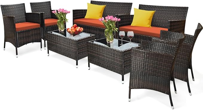 8 Pieces Patio Sofa Set, Wicker Conversation Set with Ergonomic Curved Backrest, Water-Resistant Cushion & Tempered Glass Table for Balcony, Porch (Orange)