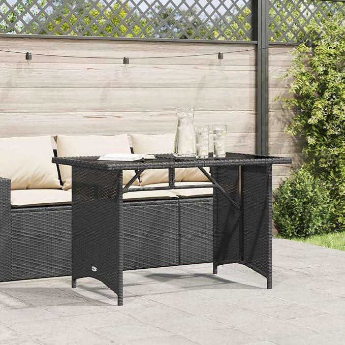 Garden Table Black Poly Rattan 43.3 in L Tempered Glass | Powder-Coated Steel Frame, 26.8 in W, Easy Clean Surface, for Patio Dining