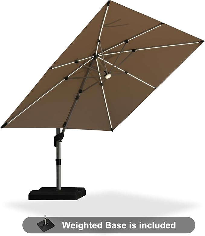 PURPLE LEAF Patio Umbrella with base 10 Feet Outdoor Square Cantilever Umbrella Solar Powered LED with 360-degree Rotation for Garden Deck Pool Patio, Beige