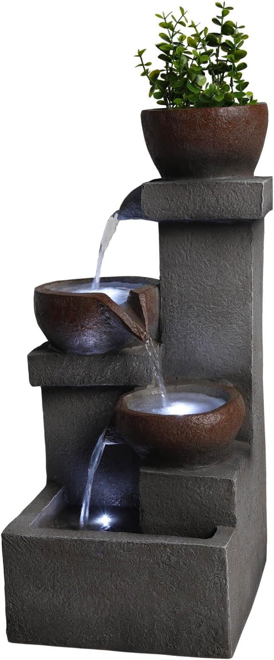 23.6" Tiered Rock Waterfall Fountain with LED Lights & Planter Top, Outdoor Resin Water Feature for Zen Garden, Patio & Backyard Decor (Gray-23.6" H Planter)