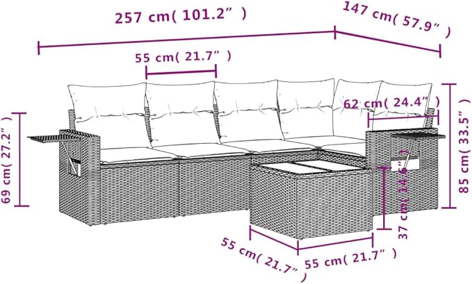 vidaXL Patio Sofa Set with Cushions 6 Piece, Outdoor Conversation Set, Patio Sectional Sofa for Balcony Garden, Modern Style, Gray Poly Rattan