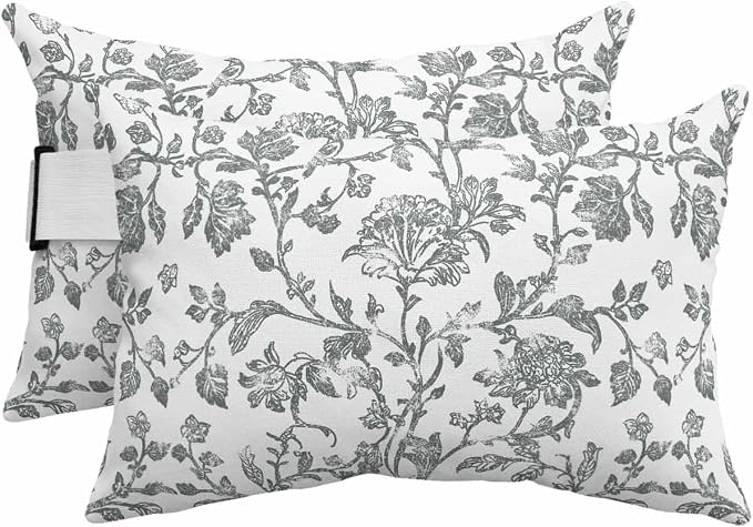 Pack of 4 Outdoor Lumbar Pillow Covers 11x16 Inch, Spring Flower Waterproof Throw Pillow Covers Set, Vintage Farmhouse Blue Grey Boho Leaf Indoor&Outdoor Decorative Cushion Cases for Patio Porch Beach