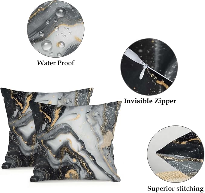 22x22 Inch Outdoor Pillow Covers Set of 2 Waterproof Throw Pillow Covers Decorative Couch Cushion Covers Black Grey Marble Square Pillowcases Protectors for Patio Garden Sofa
